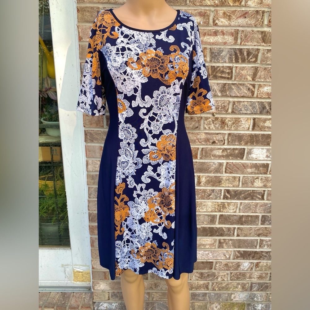 Navy Blue/White/Gold Sami & Jo Victorian Floral Midi Dress